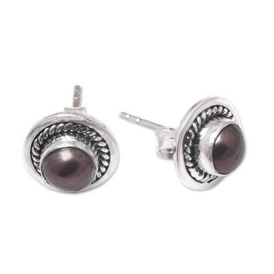 Alternate image for Sterling Silver Stud Earrings with Brown Cultured Pearls Perfect Shield