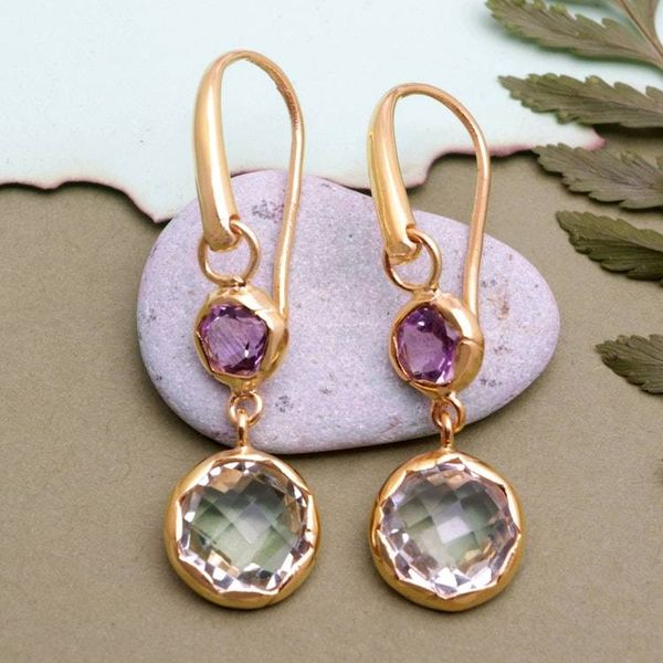 Alternate image for 18k Gold-Plated Dangle Earrings with Amethyst and Prasiolite Quiet Magic