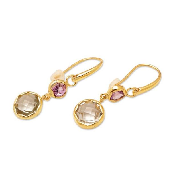 Alternate image for 18k Gold-Plated Dangle Earrings with Amethyst and Prasiolite Quiet Magic