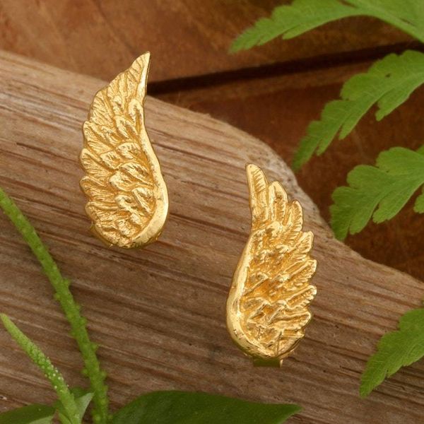 Alternate image for Wing-Themed Textured 22k Gold-Plated Brass Button Earrings Fly to Me