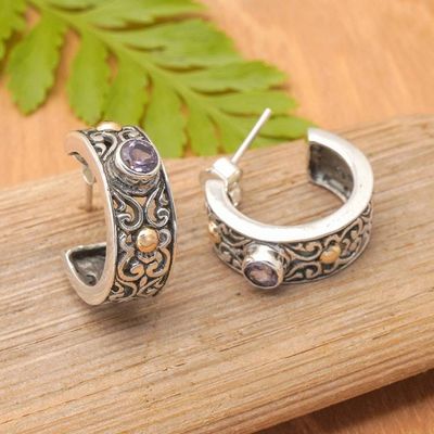 Alternate image for 18k Gold-Accented Silver Amethyst Half-Hoop Earrings Swirling Purple