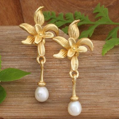 Primary image for Gold-Plated Cultured Pearl Dangle Earrings with Orchid Theme Moon Orchid