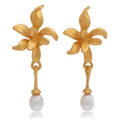 Alternate image for Gold-Plated Cultured Pearl Dangle Earrings with Orchid Theme Moon Orchid