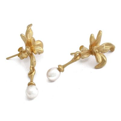 Alternate image for Gold-Plated Cultured Pearl Dangle Earrings with Orchid Theme Moon Orchid