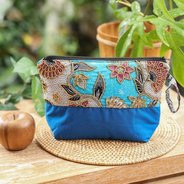 Alternate image for Embroidered Cotton Cosmetic Bag in Blue with Batik Motif Blue Blooming