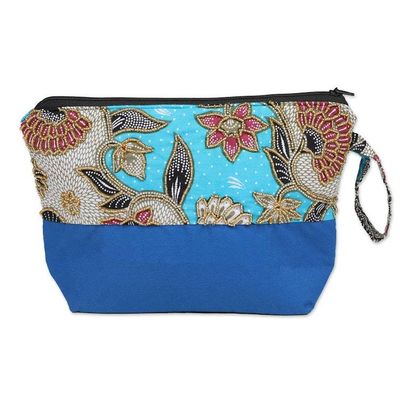 Alternate image for Embroidered Cotton Cosmetic Bag in Blue with Batik Motif Blue Blooming