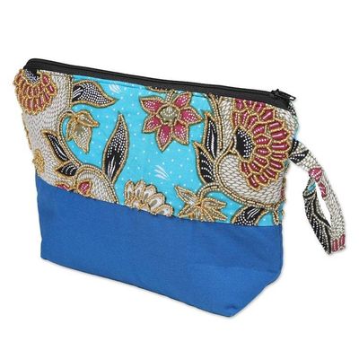 Alternate image for Embroidered Cotton Cosmetic Bag in Blue with Batik Motif Blue Blooming