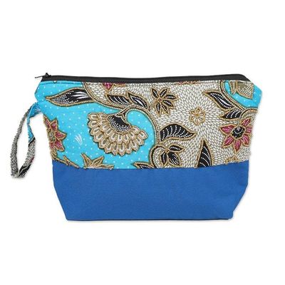Alternate image for Embroidered Cotton Cosmetic Bag in Blue with Batik Motif Blue Blooming