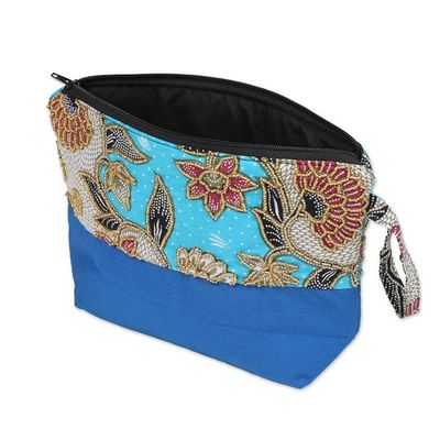 Alternate image for Embroidered Cotton Cosmetic Bag in Blue with Batik Motif Blue Blooming