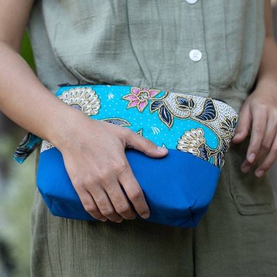 Alternate image for Embroidered Cotton Cosmetic Bag in Blue with Batik Motif Blue Blooming