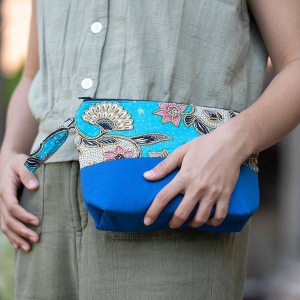 Alternate image for Embroidered Cotton Cosmetic Bag in Blue with Batik Motif Blue Blooming