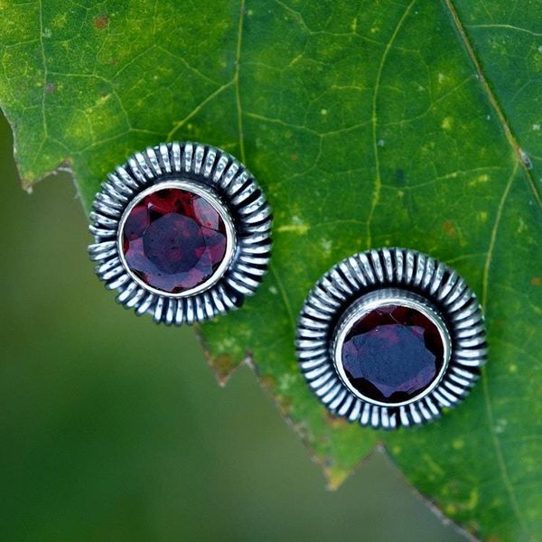 Alternate image for Silver Stud Earrings with Natural Faceted Garnet Gems Vibrant Circle of Life