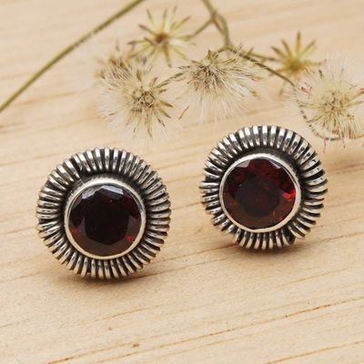 Alternate image for Silver Stud Earrings with Natural Faceted Garnet Gems Vibrant Circle of Life