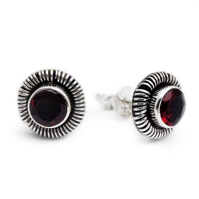 Alternate image for Silver Stud Earrings with Natural Faceted Garnet Gems Vibrant Circle of Life