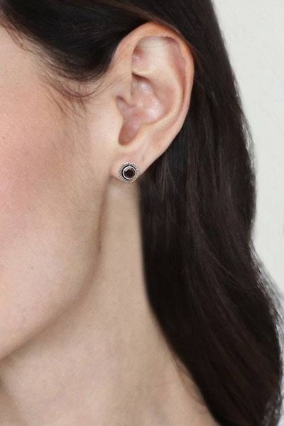 Alternate image for Silver Stud Earrings with Natural Faceted Garnet Gems Vibrant Circle of Life