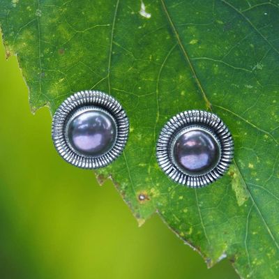 Primary image for Oxidized Polished Cultured Pearl Silver Stud Earrings Luxurious Circle of Life