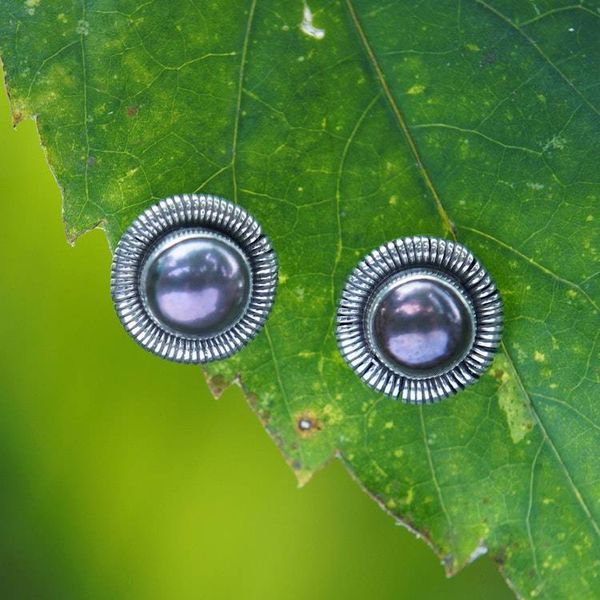 Alternate image for Oxidized Polished Cultured Pearl Silver Stud Earrings Luxurious Circle of Life