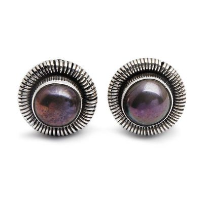 Alternate image for Oxidized Polished Cultured Pearl Silver Stud Earrings Luxurious Circle of Life