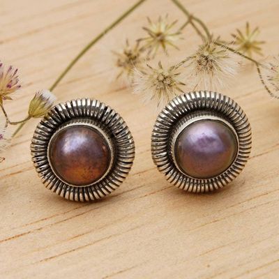 Alternate image for Oxidized Polished Cultured Pearl Silver Stud Earrings Luxurious Circle of Life