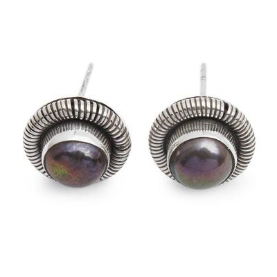 Alternate image for Oxidized Polished Cultured Pearl Silver Stud Earrings Luxurious Circle of Life