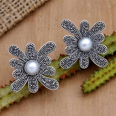 Primary image for Sterling Silver Speckled Floral Button Earrings with Pearls Innocence Petals