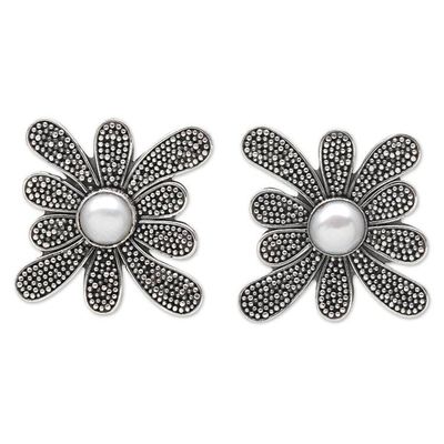 Alternate image for Sterling Silver Speckled Floral Button Earrings with Pearls Innocence Petals