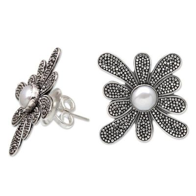 Alternate image for Sterling Silver Speckled Floral Button Earrings with Pearls Innocence Petals