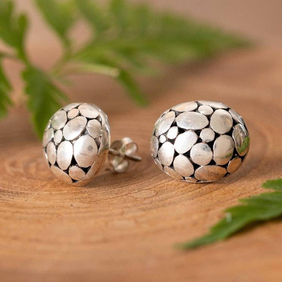 Armadillo-Patterned Textured Sterling Silver Button Earrings 'Armadillo Splendor'