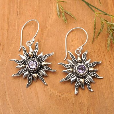 Alternate image for Gold-Accented Amethyst Silver Dangle Earrings with Sun Theme Purple Sunlight