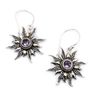 Alternate image for Gold-Accented Amethyst Silver Dangle Earrings with Sun Theme Purple Sunlight