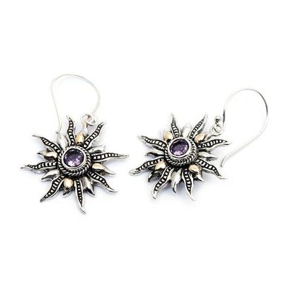 Alternate image for Gold-Accented Amethyst Silver Dangle Earrings with Sun Theme Purple Sunlight