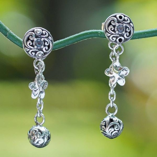 Alternate image for Blue Topaz Silver Dangle Earrings with Floral Vine Motifs Botanical Bliss