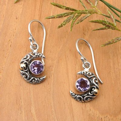 Alternate image for Moon-Themed Gold-Accented Amethyst Silver Dangle Earrings Purple Crescent