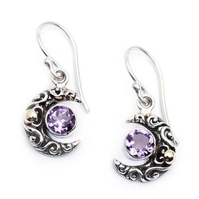 Alternate image for Moon-Themed Gold-Accented Amethyst Silver Dangle Earrings Purple Crescent