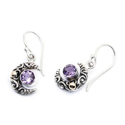 Alternate image for Moon-Themed Gold-Accented Amethyst Silver Dangle Earrings Purple Crescent