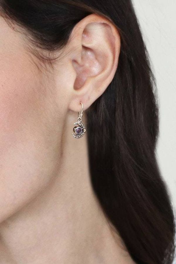 Alternate image for Moon-Themed Gold-Accented Amethyst Silver Dangle Earrings Purple Crescent