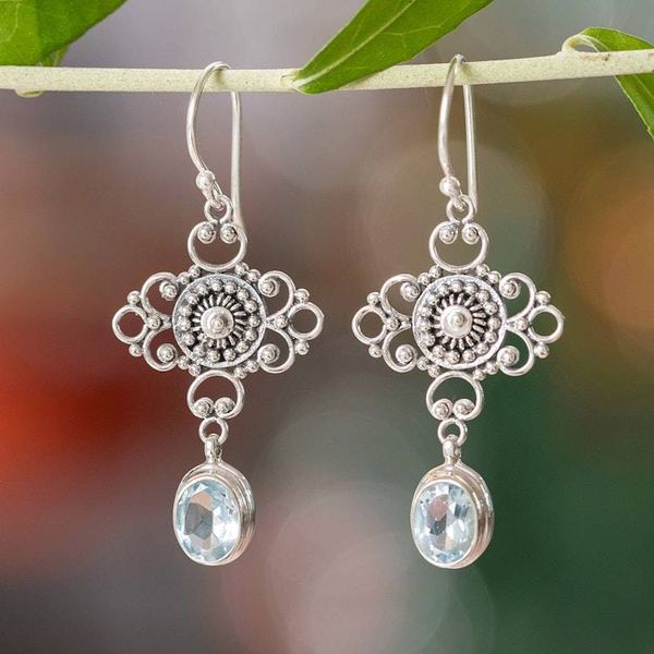 Alternate image for Traditional Balinese Blue Topaz Silver Dangle Earrings Beautiful Bali