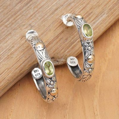 Alternate image for Leafy Peridot Half-Hoop Earrings with 18k Golden Accents Garden of Luck