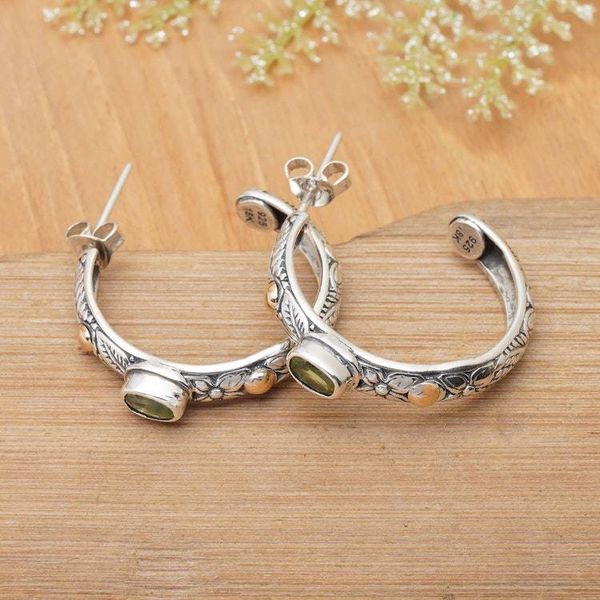 Alternate image for Leafy Peridot Half-Hoop Earrings with 18k Golden Accents Garden of Luck