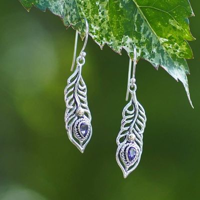 Alternate image for Peacock-Themed Sterling Silver and Amethyst Dangle Earrings Feathers of the Wise