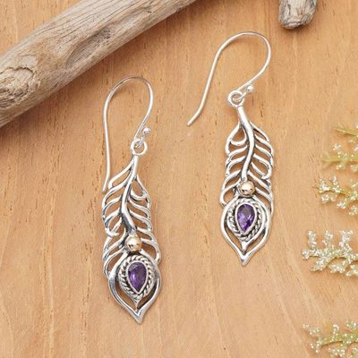 Alternate image for Peacock-Themed Sterling Silver and Amethyst Dangle Earrings Feathers of the Wise