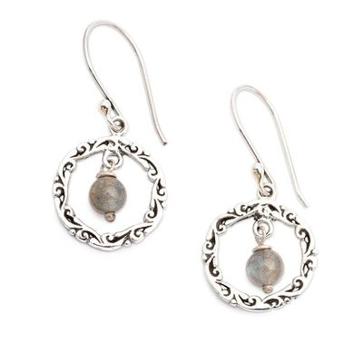 Alternate image for Labradorite Silver Dangle Earrings with Vine-Adorned Hoops Leafy Loops