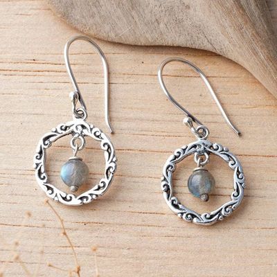 Alternate image for Labradorite Silver Dangle Earrings with Vine-Adorned Hoops Leafy Loops