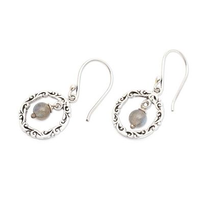Alternate image for Labradorite Silver Dangle Earrings with Vine-Adorned Hoops Leafy Loops