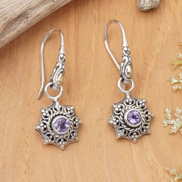 Alternate image for Artisan-Made Sun-Shaped Faceted Amethyst Dangle Earrings Wise Sunshine