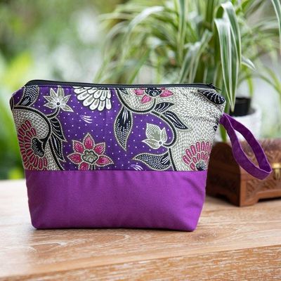 Primary image for Handcrafted Cotton Cosmetic Bag in Purple with Batik Pattern Flowering Purple