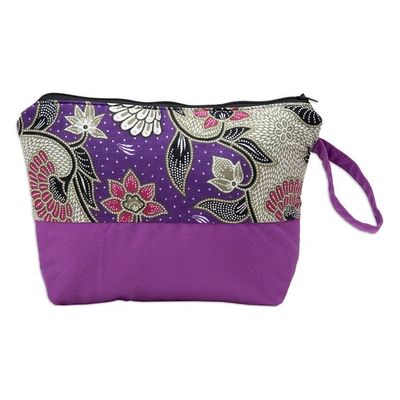 Alternate image for Handcrafted Cotton Cosmetic Bag in Purple with Batik Pattern Flowering Purple