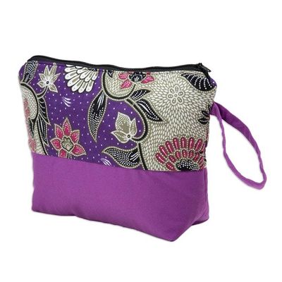Alternate image for Handcrafted Cotton Cosmetic Bag in Purple with Batik Pattern Flowering Purple
