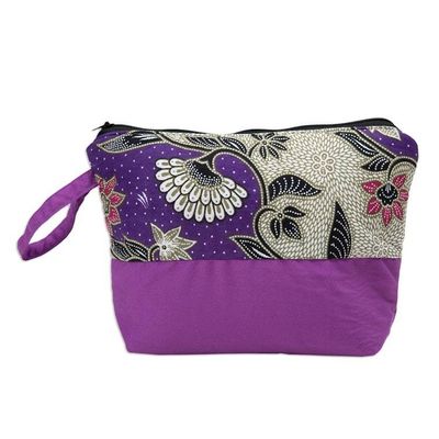 Alternate image for Handcrafted Cotton Cosmetic Bag in Purple with Batik Pattern Flowering Purple