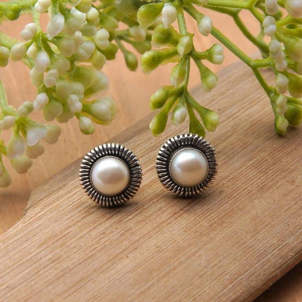 Cultured Pearl Silver Round Stud Earrings from Indonesia 'Luminous Circle of Life'